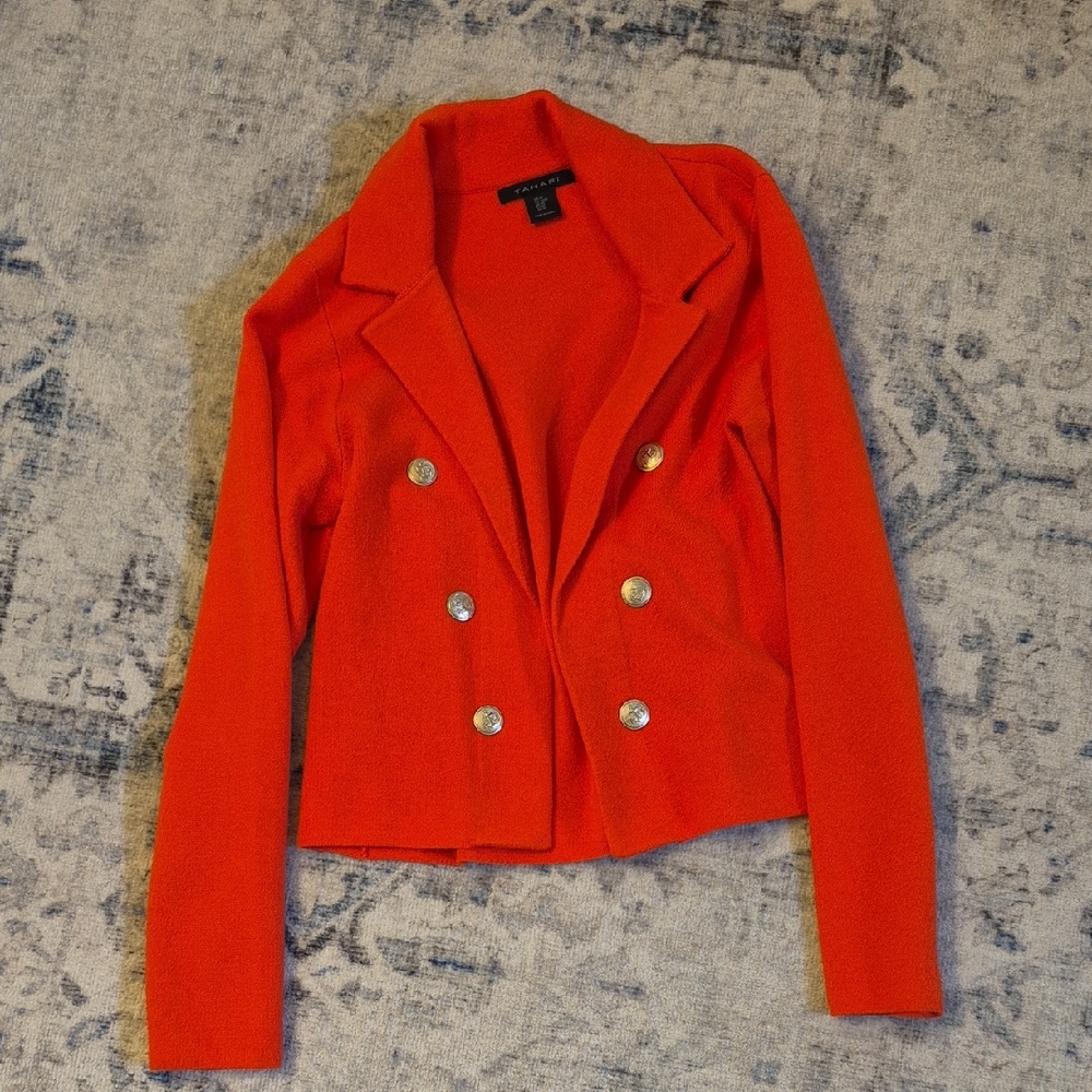 Tahari Bold Orange Sweater Jacket with Gold Buttons